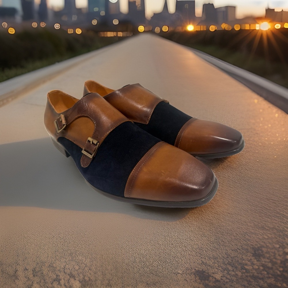 Carrucci Men's 13 Wingtip Double Monk Strap Shoes Two Tone Navy Brown Leather - Picture 2 of 10